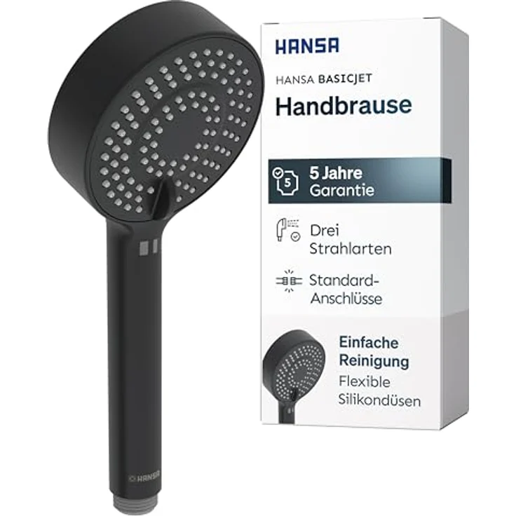 Hansa Basicjet Handbrause, 3-strahlig schwarz matt, Eco-Durchfluss, Anti-Kalk-Technik, Ø 95 mm – Bild 1