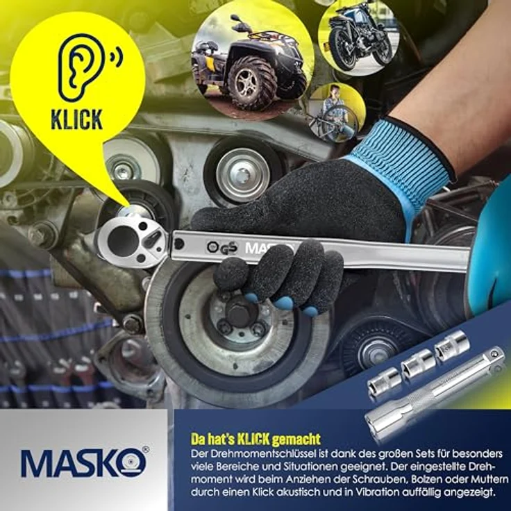 MASKO Drehmomentschlüssel 6tlg. Set 40-210Nm 1-2 ' CV inkl. 3 Stecknüssen 17mm, 19mm, 21mm und Verlängerung 125mm inkl. Koffer +- 4% Toleranz Reifenschlüssel Auto Drehmoment-Schlüssel Silber – Bild 5