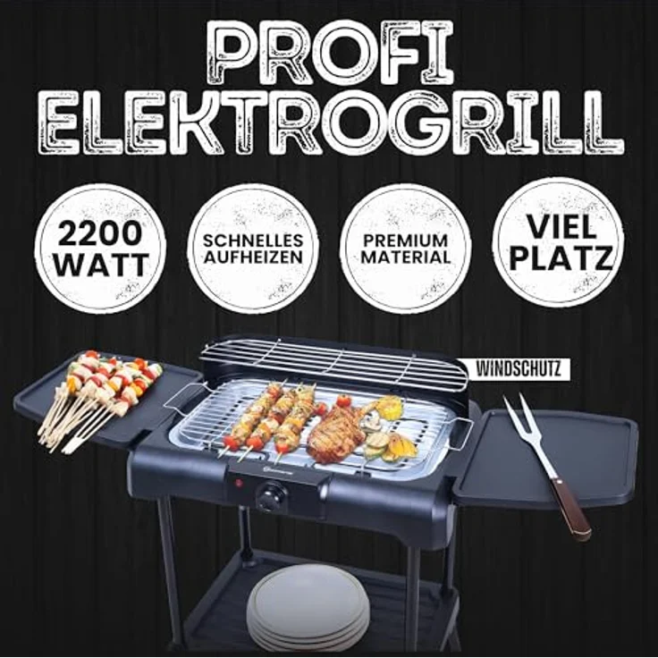 Sommertal BBQ231 Elektrogrill, 2200W 2-in-1 Tisch- und Standgrill mit Windschutz, stufenlosem Temperaturregler und Ablagefläche – Bild 3