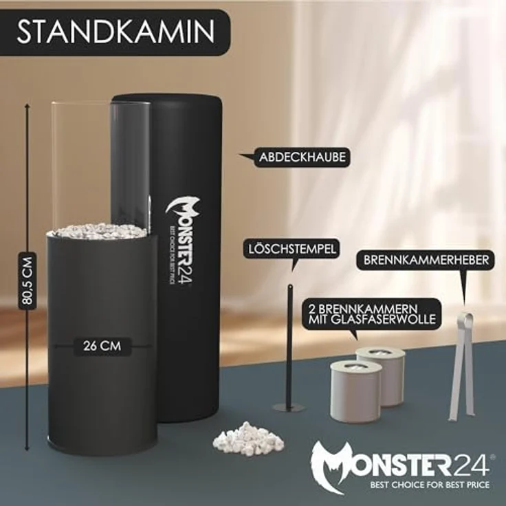 Monster24 runder freistehender Bio-Ethanol Stand-Kamin 80x26x26 cm | schönes Flammenspiel | Bioethanolkamin Outdoor Indoor | Bodenkamin | Terrassenkamin | EN 16647:2015 Zertifiziert, grau – Bild 2