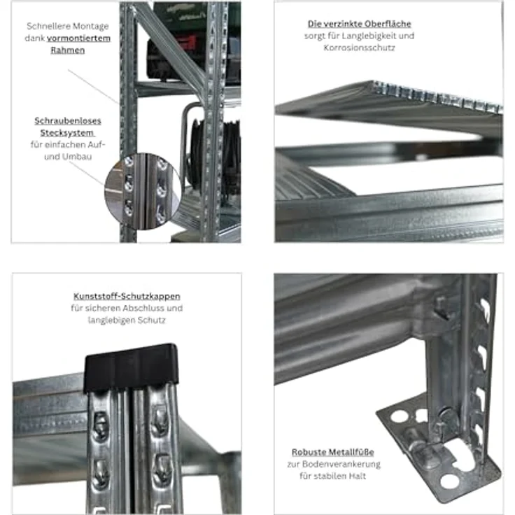 Proregal PROXIMO Metallregal Fachbodenregal, 200 x 360 x 60 cm, 5 Böden, Traglast 200 kg pro Boden, verzinkter Stahl, schraubenloses Stecksystem – Bild 5