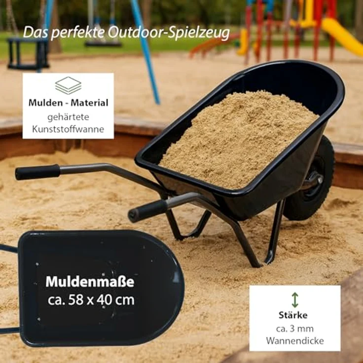 TRUTZHOLM Kinderschubkarre Uni, 40 kg Traglast, 3,6 kg leicht, pulverbeschichtetes Stahlgestell, rostfreie Polypropylen-Wanne, Vollgummirad, schwarz – Bild 5