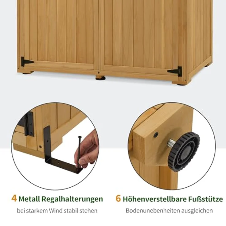 M MCombo Gartenschrank Holz, Gartenhaus Klein Wetterfest, Outdoor Gerätehaus Geräteschuppen, für Außenbereich Balkon Terrasse, 59×127×168 cm, 0912D (Natur) – Bild 5
