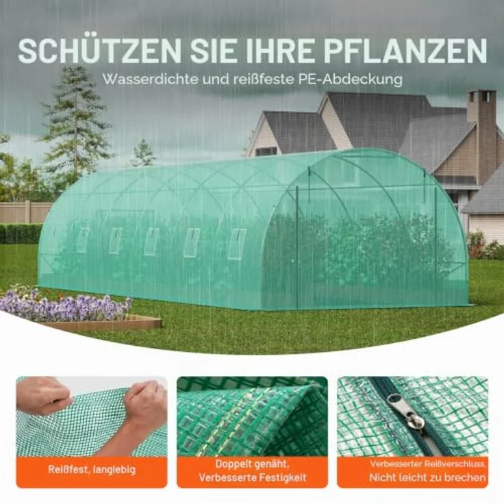 VEVOR Folien-Gewächshaus, 890 x 295 x 198 cm, Tomatengewächshaus mit verzinktem Stahlrahmen, grüner PE-Abdeckung, aufrollbarer Reißverschlusstür und 12 Fenstern für optimale Belüftung – Bild 3