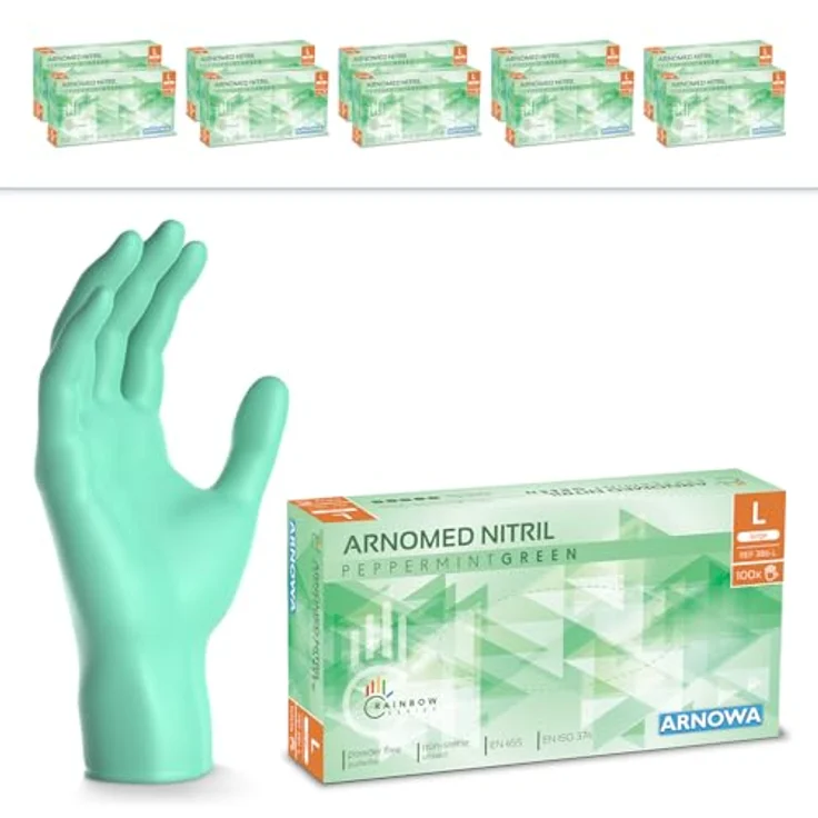 ARNOMED Einweghandschuhe L, 1000 Stk (10x100), grüne Nitrilhandschuhe, puderfrei, lebensmittelecht, latexfrei, hocherer Standard EN 455 & EN 374 – Bild 1
