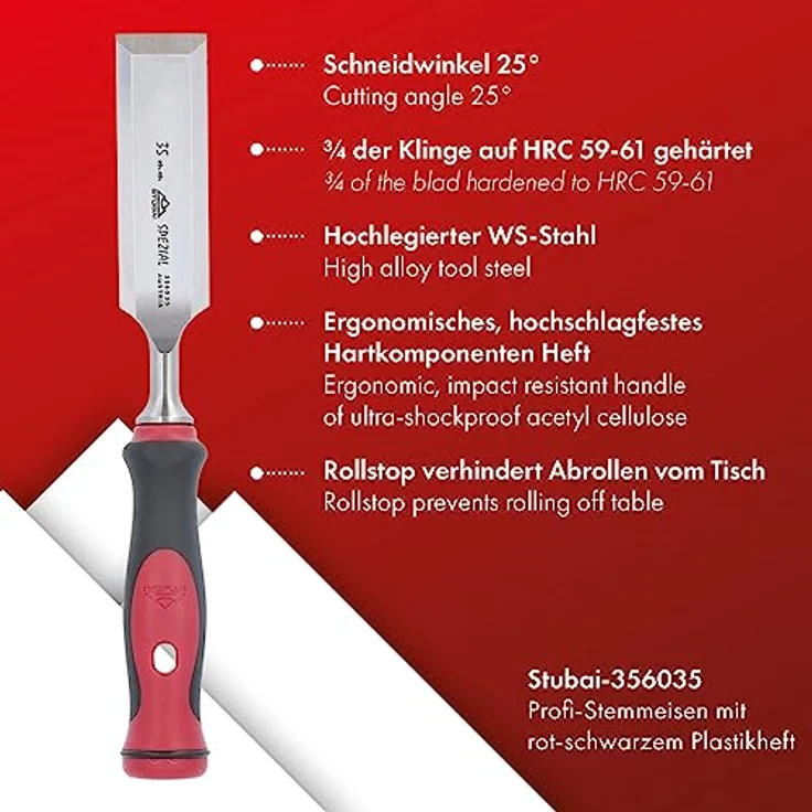 Stemmeisen mit rot-schwarzem 2K-Griff, 35mm, Stubai Profi Stechbeitel zur präzisen Holzbearbeitung, Stecheisen für Schreiner Tischler – Bild 2
