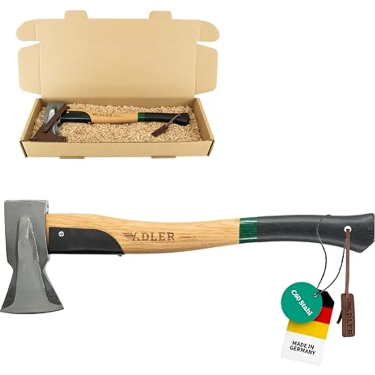 Adler Spaltbeil inkl. Lederschutz: Robustes Holzbeil aus C60-Stahl, Spaltaxt mit 50 cm Hickorystiel, Anti-Rutsch Outdoor-Forstaxt, Grün/schwarz, 1250 g