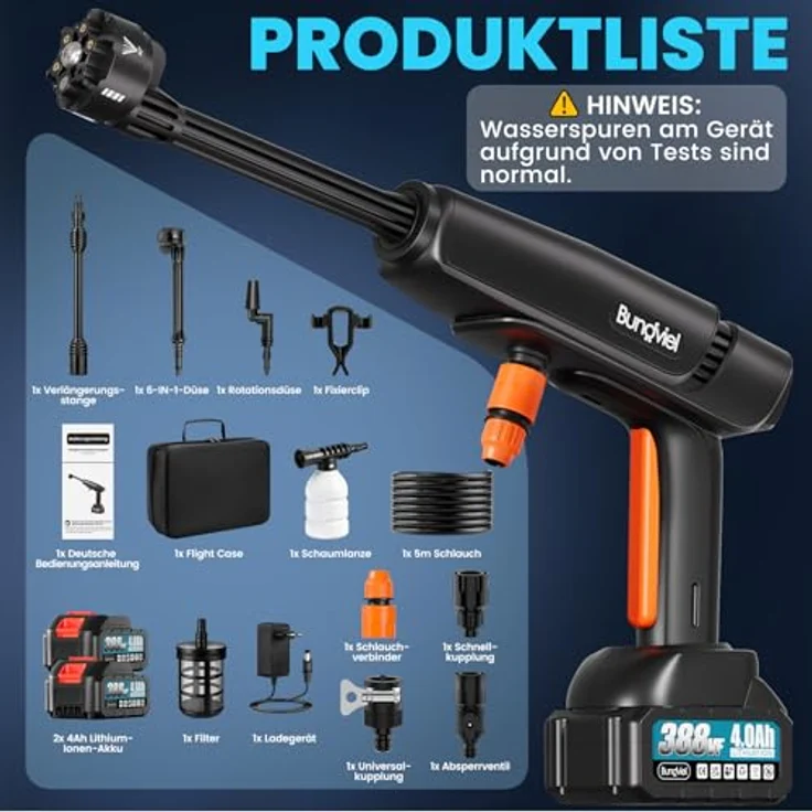 Bundviel 180Bar Akku Hochdruckreiniger, 6-in-1 Druckreiniger mit 2×4000mAh Akkus und 180° Rotationsdüse für Auto, Terrasse und Outdoor-Reinigung – Bild 8