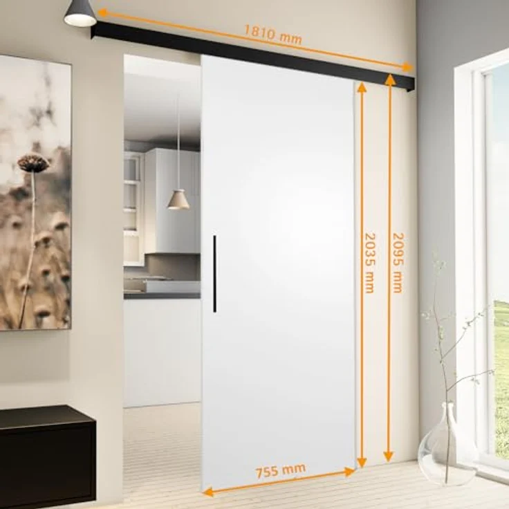 inova Holz-Schiebetür Komplettset 755 x 2035 mm weiß mit Beschlagset in schwarz mit Stabgriff + beidseitiger Softclose – Bild 2