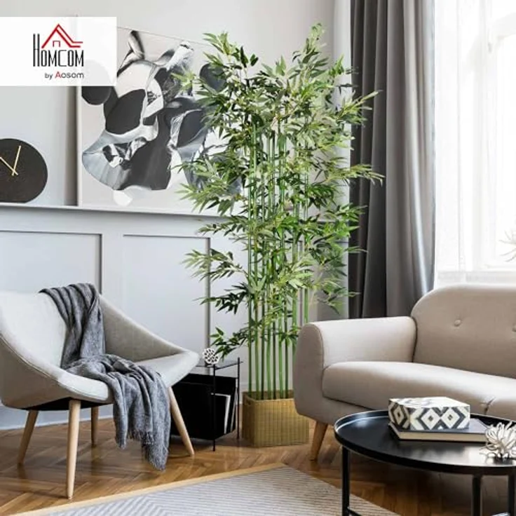 HOMCOM Kunstpflanze im Kiefernholztopf Bambus, Höhe 180 cm, Indoor/Outdoor, Dekopflanzen, Grün – Bild 3