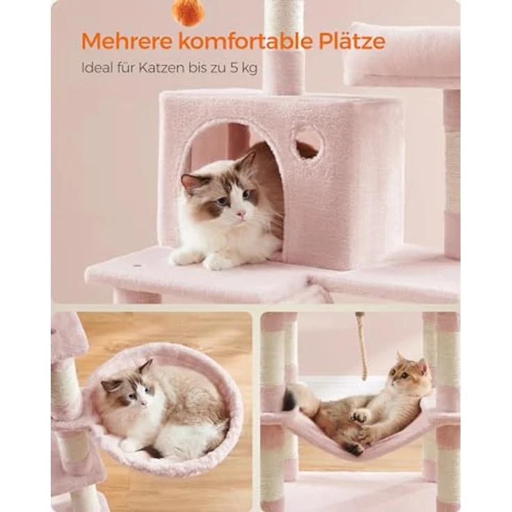 Feandrea Kratzbaum groß, 168 cm hoch, L Katzenbaum, mit 13 Kratzsäulen, 2 Plattformen, 2 Höhlen, Korb, Hängematte, Plüschbälle, pastellrosa – Bild 5