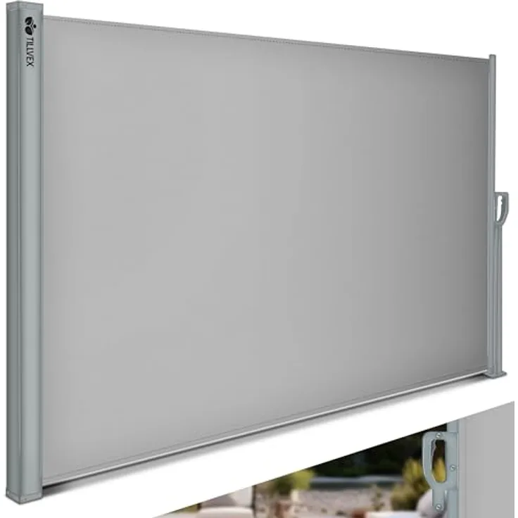 tillvex Seitenmarkise 160 x 350 cm ausziehbar & Blickdicht | Sichtschutz für Balkon, Garten & Terrasse | Sonnenschutz aus rostfreiem Stahl | Markise Windschutz in Beige