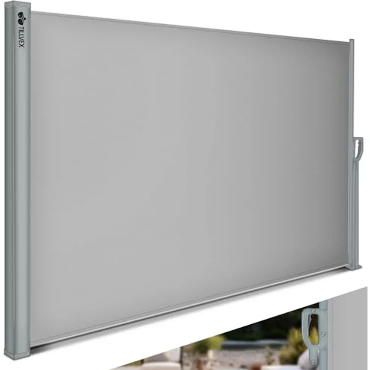 tillvex Seitenmarkise 180 x 300 cm ausziehbar & Blickdicht, Sichtschutz für Balkon, Garten & Terrasse | Sonnenschutz rostfreier Stahl | Markise Windschutz, Grau – Bild 1