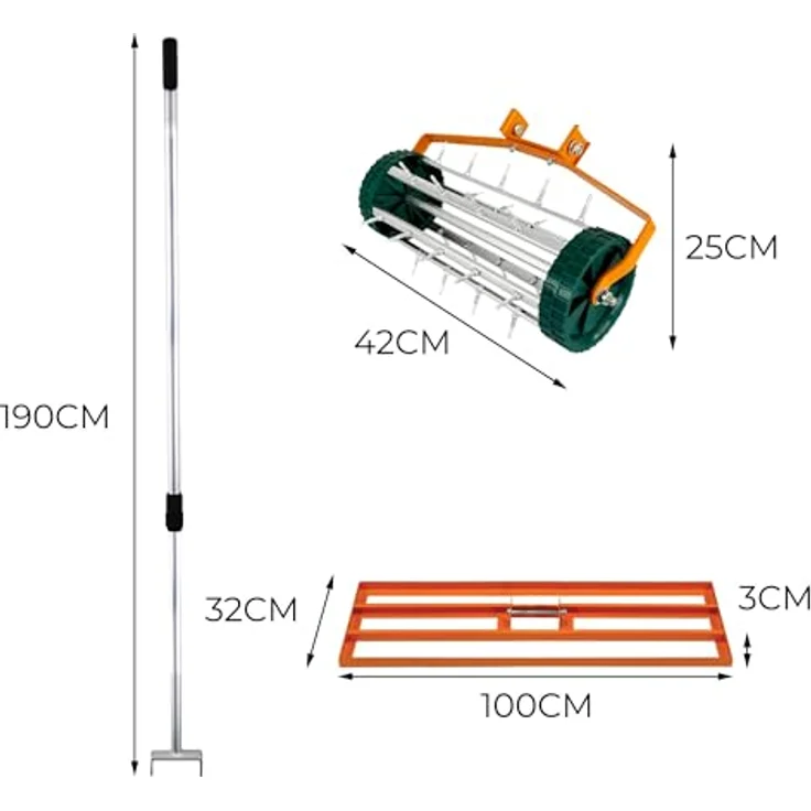 T-Mech Belüfter und rollender Rasennivellierer I 3.8cm Spitzen I 100cm x 32cm Orangefarbener Nivellierrechen, Abnehmbarer, ausziehbarer Doppelzweck-Griff – Bild 5
