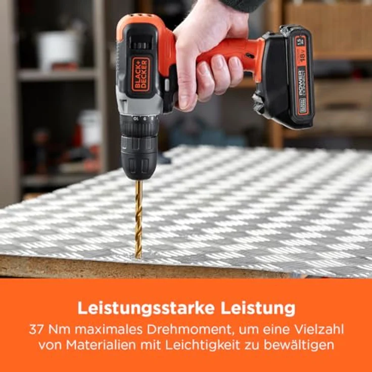 Black+Decker BCD001C1-QW Bohrschrauber 18V 10mm Schnellspannbohrfutter 10-stufige Drehmomentvorwahl – Bild 5