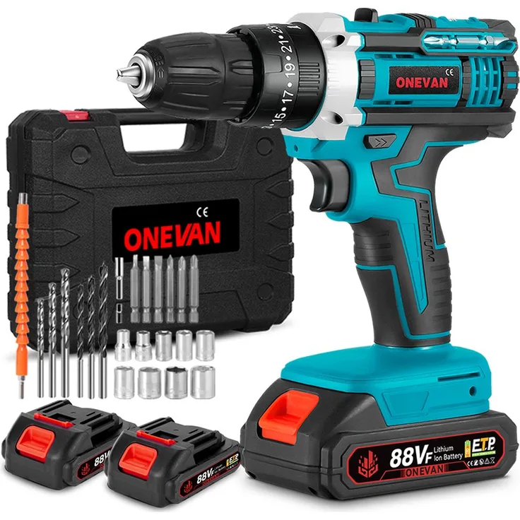 ONEVAN Akku-Bohrschrauber 21V mit 25+1 Drehmomentstufen, 2x 1500mAh Akkus, 10mm Bohrfutter, 24 Zubehörteile und Tragetasche