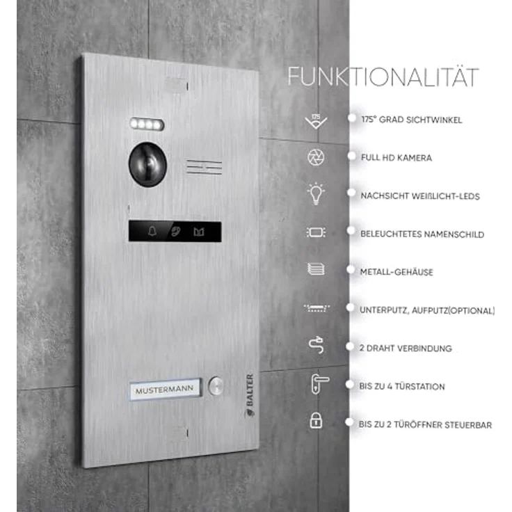 Balter EVO HD Video Türsprechanlage, Komplettset für Einfamilienhaus mit 7-Zoll HD Monitor, Full HD Kamera, Smartphone App, Schwarz – Bild 2