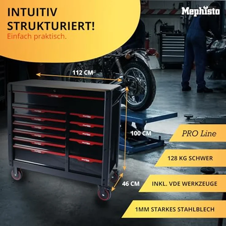 Mephisto-Tools Werkstattwagen, Pro-Line 12 abschließbare Schubladen, CRV Werkzeug, schwarz/rot – Bild 3