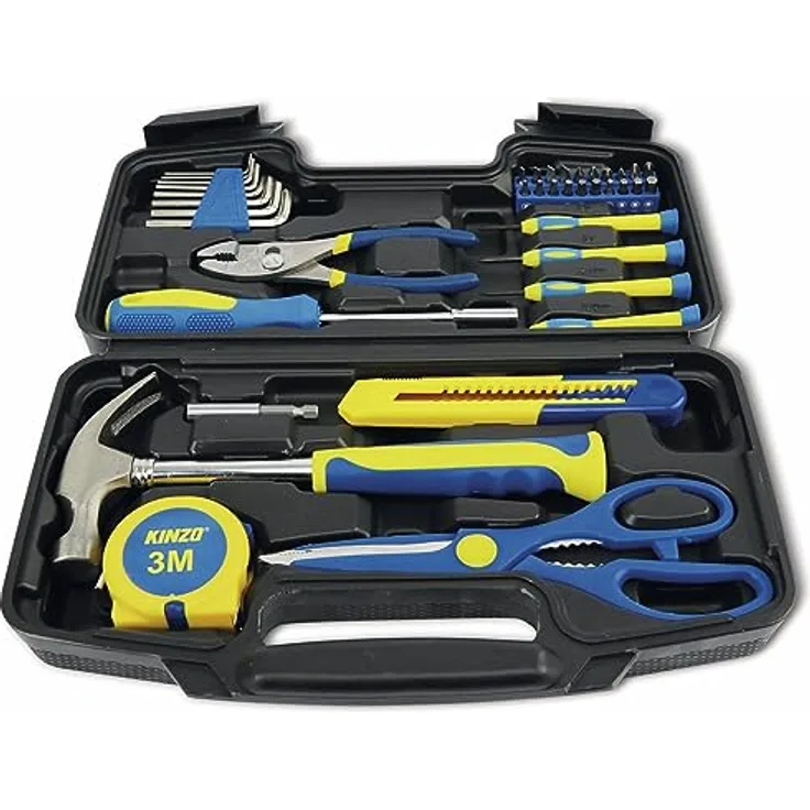 Kinzo Werkzeugkoffer - 39-teilig - Haushalts-Werkzeug im Kunststoffkoffer - ideal für den Hausgebrauch - Blau/Gelb, schwarz