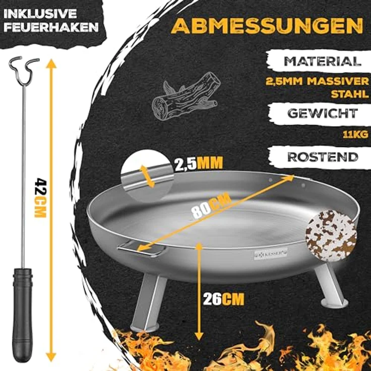 KESSER® Feuerschale Ø80cm, 2,5mm Stahl, mit Wasserablauf, 42cm Feuerhaken aus Gusseisen, 2 stabile Griffe, ideal für Garten und Terrasse – Bild 3