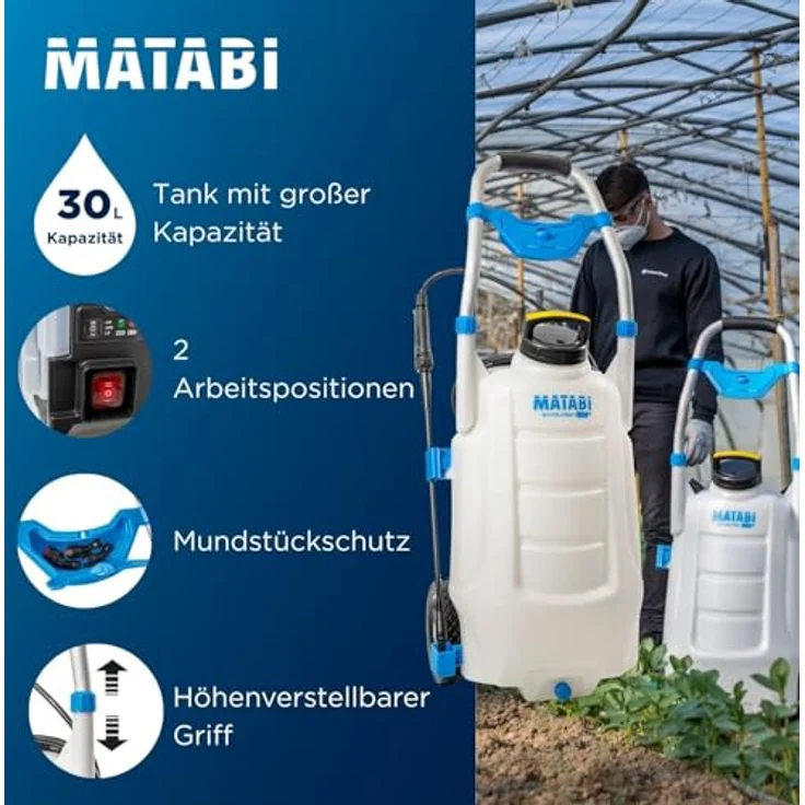 Matabi 30LTCS Elektro-Drucksprüher, 30 l Wagen, 18V Akku, elektronische Steuerung für gleichmäßige Ausbringung – Bild 2