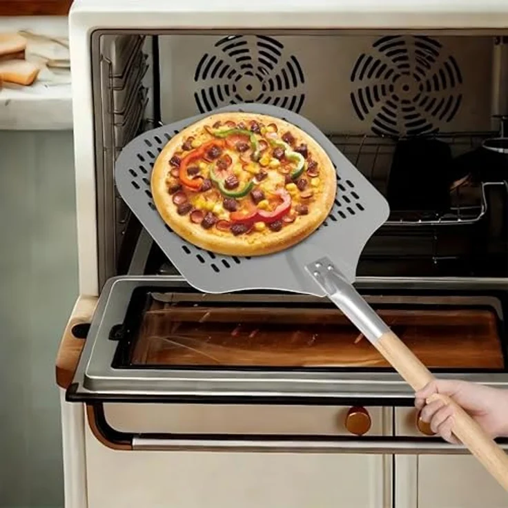 relaxdays Pizzaschieber, perforierter XL Pizzaschieber aus Aluminium mit verstellbarem Holzgriff, Silber/Natur – Bild 3