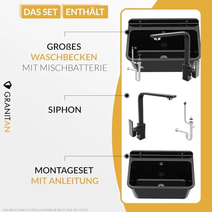 Granitan Einbauspüle LUX Ausgussbecken für Garage Keller Werkstatt und Waschküche, Waschbecken Set, Polypropylen, robust und langlebig – Bild 5