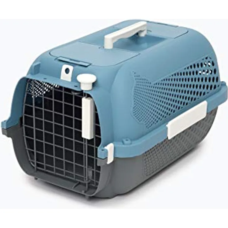Catit Voyageur Tiertransportbox, blaue-graue Transportbox mit Streichelklappe, Futter- und Wassernapf, fluggesellschaftskonform