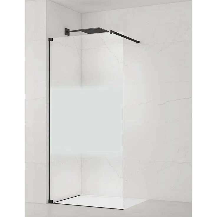 SAT Walk-In Duschwand, Duschtrennwand 100 cm mit Milchglas-Steifen, 8 mm Sicherheitsglas, schwarzes Profil, flexibel einbaubar