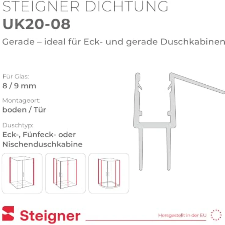 STEIGNER Duschtürdichtung UK20 170 cm - Transparente Dichtung für Eckeinstieg und Fünfeckdusche, 100% wasserdicht, für Glasdicke 8-9 mm, einfache Montage, schimmel- und kalkresistent – Bild 2