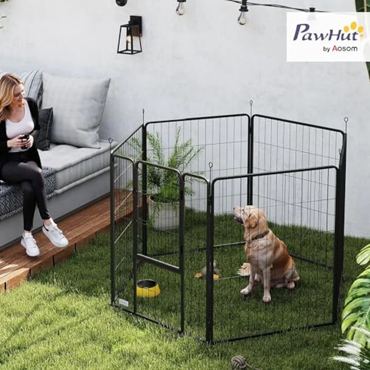 PawHut Welpenauslauf 100 cm Hoch, 6-TLG. Hundelaufstall mit Tür, anpassbares Freilaufgehege für kleine bis große Hunde, Stahl, Grau – Bild 2