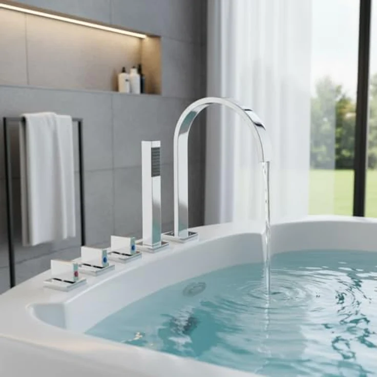 Mucola 5-Loch Badewannenarmatur mit Handbrause, Brausehalter und Brauseschlauch, Fliesenrandarmatur in Chrom, langlebig und wassersparend – Bild 2
