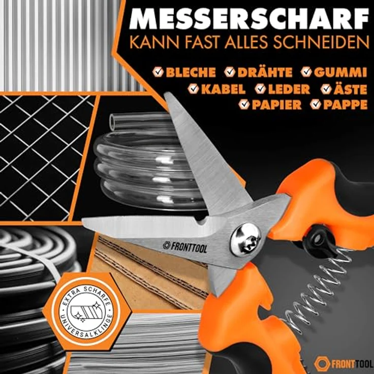 FRONTTOOL Universalschere mit Abisolierfunktion, Edelstahl, ergonomischer 2-Komponenten-Griff, rostfreie gezahnte Klinge – Bild 3