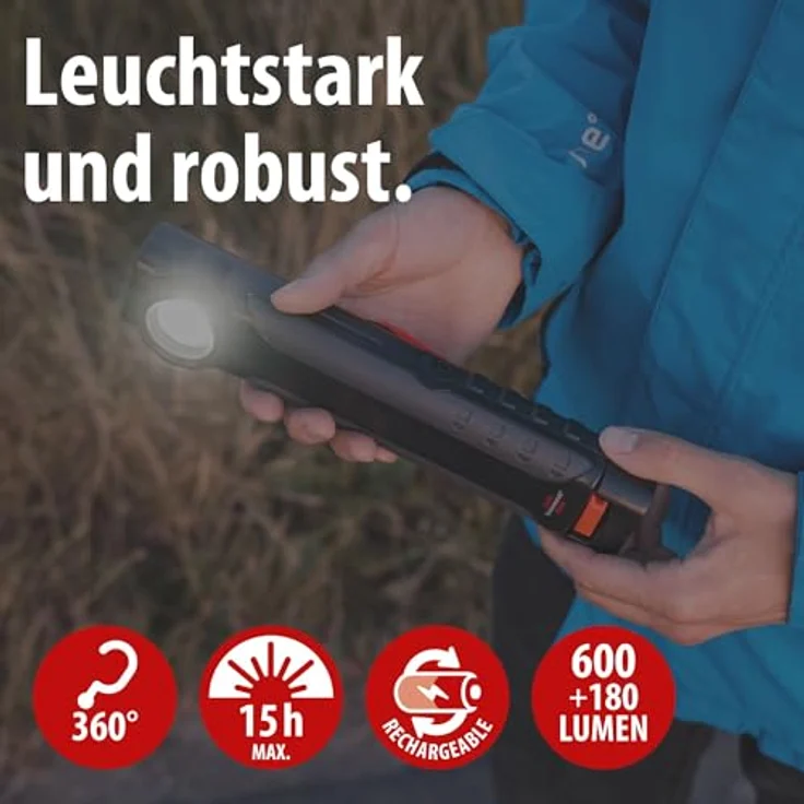 Brennenstuhl Akku LED Handlampe HL 600 AD/Dynamo, Werkstattlampe mit USB C Kabel, 600+180lm, IP54, IK08, bis zu 15h Leuchtdauer, integrierter Haken und Magnete – Bild 3
