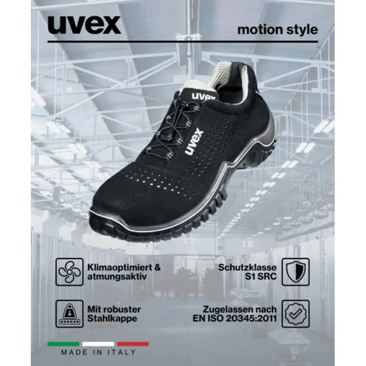 Uvex Motion Style Halbschuh S1 SRC ESD, Sicherheitsschuhe mit Stahlkappe, atmungsaktiv und rutschfest, Schwarz, Größe 48 – Bild 9