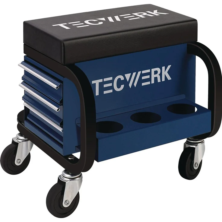 Tecwerk Werkzeugwagen & Montagewagen, Werkstattrollsitz mit Kunstlederpolster, 130 kg Tragkraft, blau/schwarz, inkl. kugelgelagerte Schubladen und Dosenhalter