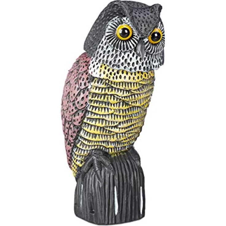 Relaxdays Vogelschreck Eule, stehende Dekofigur mit Wackelkopf, Vogelabwehr für Garten, Balkon und Terrasse, Mehrfarbig, 1 Stück