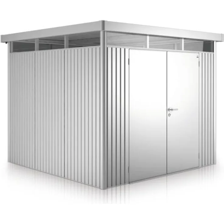 BIOHORT HighLine Gr. H4 Doppeltür, silber-metallic, wartungsfreies Gartenhaus mit 3-fach Verriegelung und Gasdruckfederöffnung