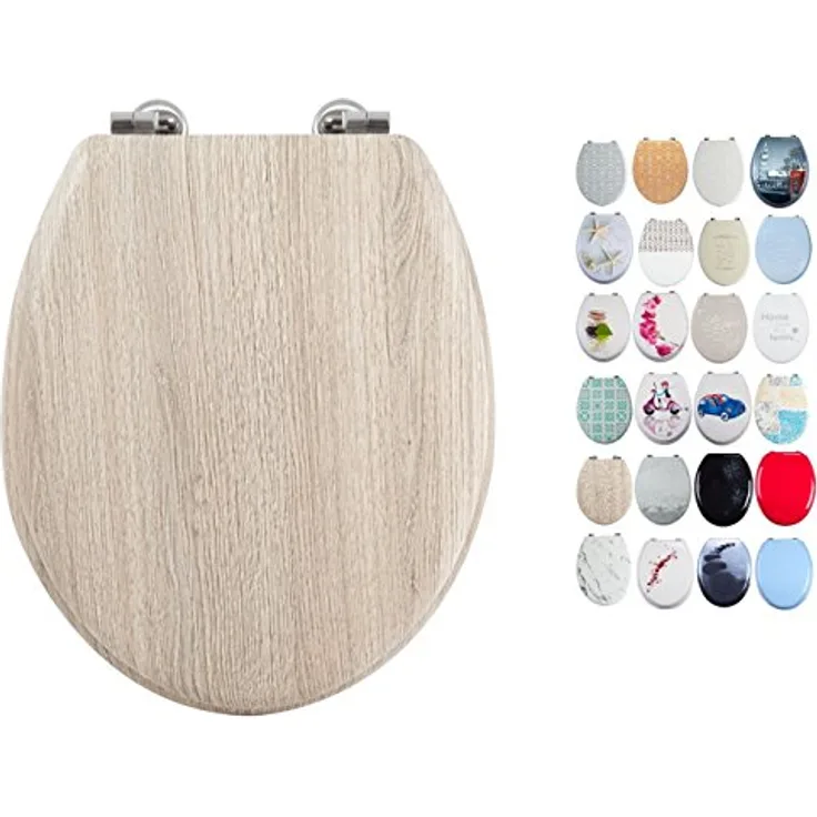 MSV WC-Sitz Parkett MDF, 42,5 cm x 36,5 cm x 5 cm, mit Edelstahl-Scharnieren, Holzoptik, feuchtigkeitsbeständig und leicht zu reinigen