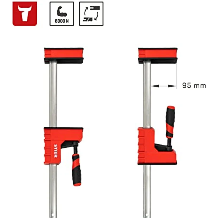 STIER Korpuszwinge, 1000 mm Spannweite, 95 mm Ausladung, 6000 N Spannkraft, aus duktilem Gusseisen, Spannwerk, stabiler Halt bei allen Holzarbeiten wie Leimen – Bild 3