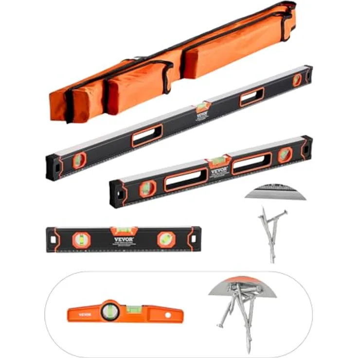 VEVOR 4-teiliges Torpedo-Wasserwaagen-Set, 120/60/40/25cm Kastenwasserwaagen-Set, hochpräzise 3-in-1 Messung, inkl. magnetischer 10 Zoll Wasserwaage, Aluminiumlegierung mit Aufbewahrungstasche