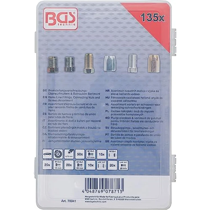 BGS TECHNIC Bremsleitungsverschraubungs-Überwurfmuttern & Schrauben Sortiment, 135-tlg. für Bremsleitungen mit 4,75 mm Durchmesser, inkl. M10 und UNF 3/8" Teile – Bild 3