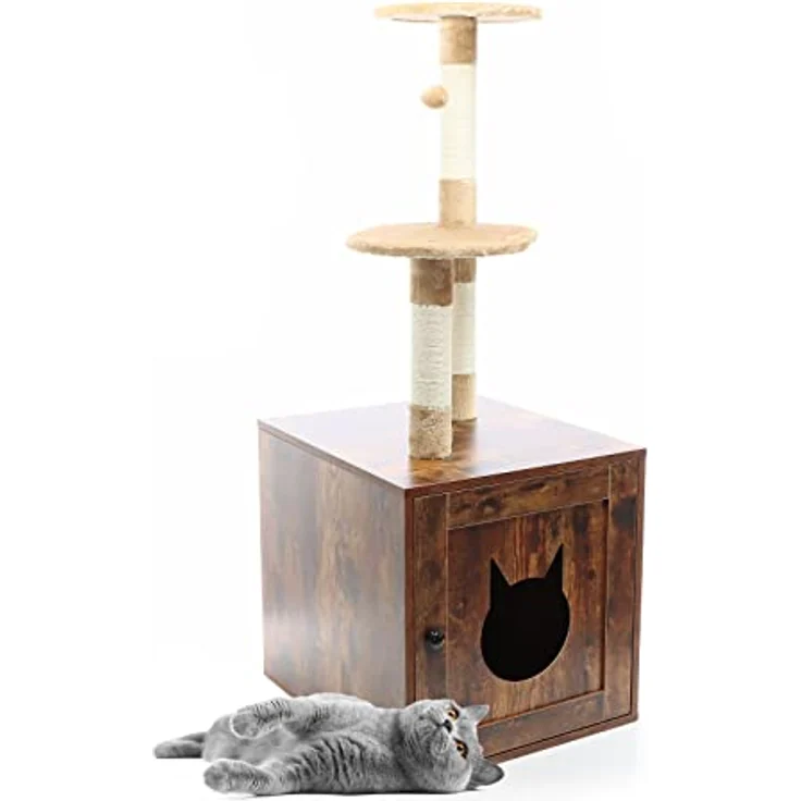 Fudajo Kratzbaum aus Holz 125 cm mit Katzenhaus, Design Katzenkratzbaum in Vintagebraun, 2in1 Katzenhaus mit Katzenklo, Kletterbaum für Katzen – Bild 2