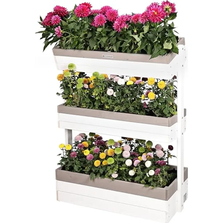 WONDERMAKE® Großes Design Vertikalbeet "planverto1", 3 Etagen aus Fichte-Holz, 85x38x110 cm, für Kräuter, Erdbeeren, Blumen, weiß grau anthrazit