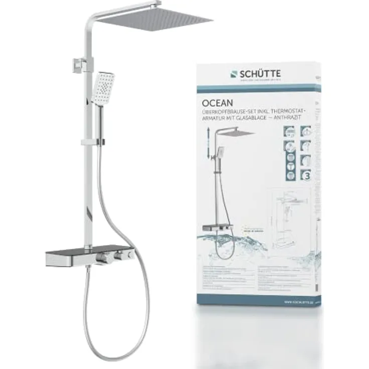Schütte OCEAN Duschsystem mit Thermostat und Glasablage-Duschset mit 30x30cm, Regendusche mit Wandhalterung und Duschkopf-Duschpaneel Duschsäule in Chrom/Anthrazit 60531