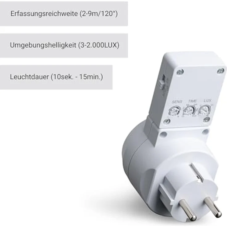 SEBSON Zwischenstecker PIR Bewegungsmelder - 2er Set, drehbarer Sensor, programmierbare Steckdose, max. 1000W LED geeignet - Steckdosenadapter – Bild 4
