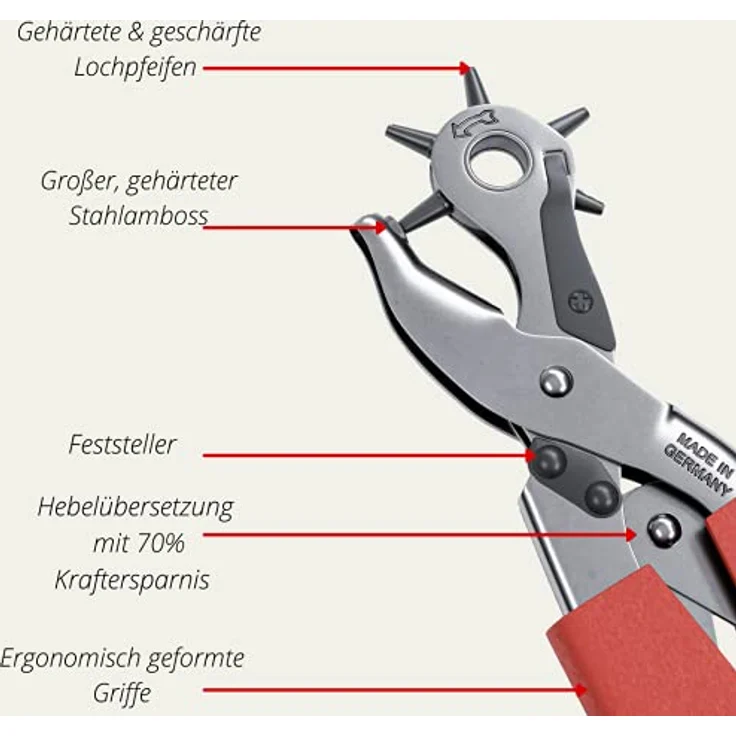 FAMEX Revolverlochzange 3519 Profi Lochzange mit ca. 70 % Hebelübersetzung, Made in Germany, für Leder, Gürtel uvm., vernickelt – Bild 6