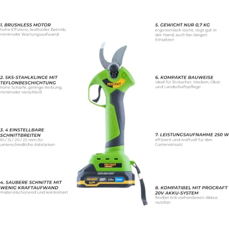PRO CRAFT ES28Li Akku-Astschere, 20 V Brushless, max. Schnittdurchmesser 25 mm, inkl. 2.0 Ah Akku, Ladegerät und Koffer – Bild 6