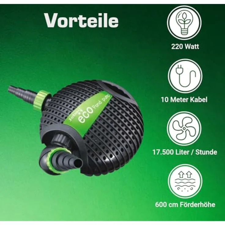 Jebao Teichpumpe ATP18000 17.500L/H | 10m Kabel | 6m Förderhöhe | 220W | Motorschutz | Wasserpumpe | Bachlaufpumpe | Wasserspielpumpe | Brunnenpumpe – Bild 3