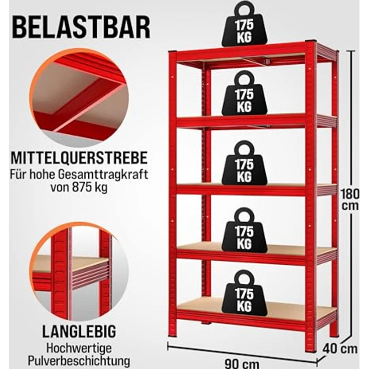 Monzana Schwerlastregal Kellerregal Steckregal Werkstattregal Lagerregal Regal 5 Böden - 180x90x40cm - Rot – Bild 2